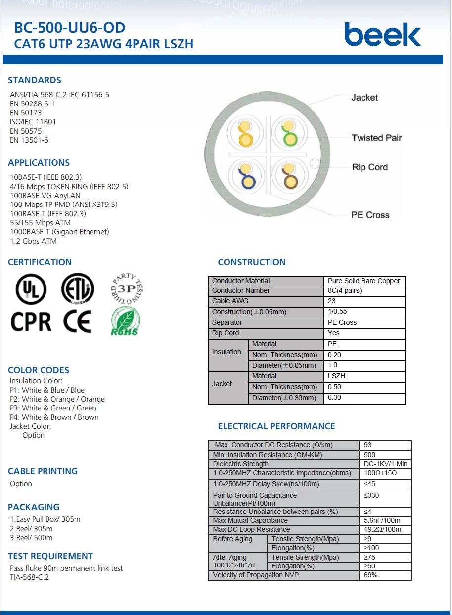 Beek Cat6 U-Utp Saf Bakır Dış Mekan Data Kablosu 4X2X23 Awg Pe Siyah Renk