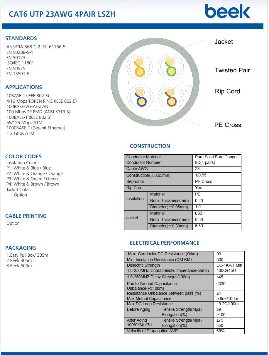 Beek Cat6 U-UTP İç Mekan Data Kablosu 4x2x23 AWG LSZH (Low Smoke Zero Halogen)