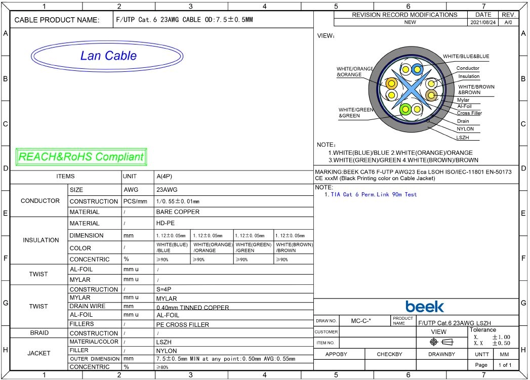 Beek Cat6 Saf Bakır F-Utp Iç Mekan Data Kablosu Awg 23 1/0.4tc Od:7.5mm Lszh Gri Renk