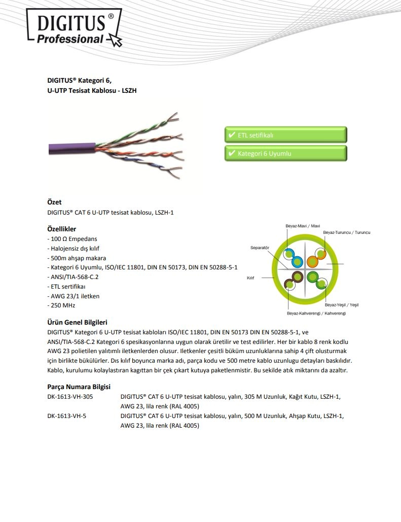 Digitus Cat6 Saf Bakır U-UTP Data Kablosu LSZH (Low Smoke Zero Halogen) Sarı