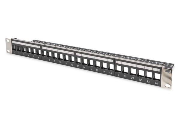 Digitus Modüler Patch Panel, zırhlı, 24-port boş, 1U, kabinete monte edilebilir, şeffaf etiket alanına sahip, siyah renk