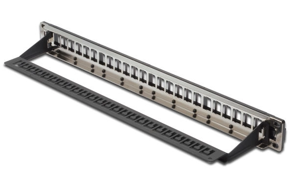 Digitus Modüler Patch Panel, zırhlı, 24-port boş, 1U, kabinete monte edilebilir, şeffaf etiket alanına sahip, siyah renk
