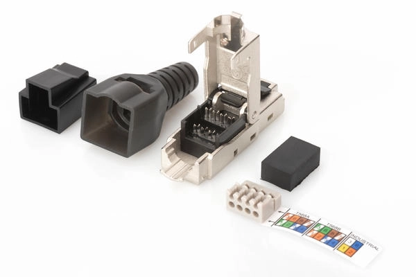 Digitus Zırhlı/Shielded Saha Tipi RJ45 Konnektör, AWG 22-27, 10 GBit ethernet, PoE+, toz koruma kapaklı, kıvrım koruyucusu  