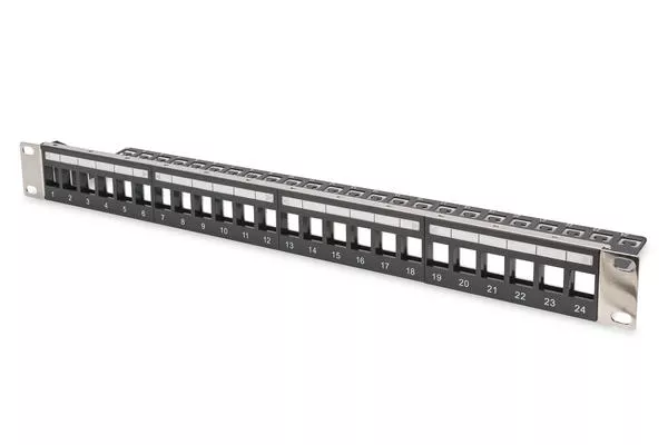 Digitus Modüler Patch Panel, zırhlı, 24-port boş, 1U, kabinete monte edilebilir, şeffaf etiket alanına sahip, siyah renk