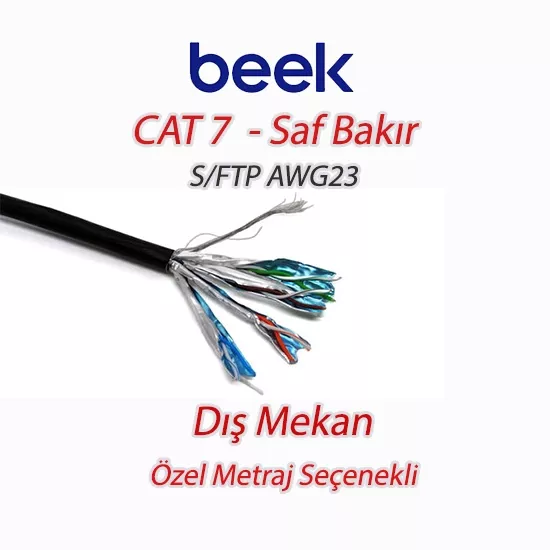 Beek Cat7  Saf Bakır S/FTP AWG23 SPE Dış Mekan Data Kablosu, siyah renk