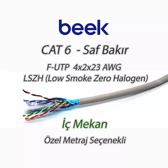 Beek Cat6 Saf Bakır F-Utp Iç Mekan Data Kablosu Awg 23 1/0.4tc Od:7.5mm Lszh Gri Renk