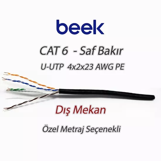 Beek Cat6 U-Utp Saf Bakır Dış Mekan Data Kablosu 4X2X23 Awg Pe Siyah Renk