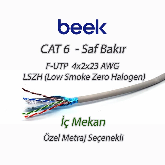 Beek Cat6 Saf Bakır F-Utp Iç Mekan Data Kablosu Awg 23 1/0.4tc Od:7.5mm Lszh Gri Renk