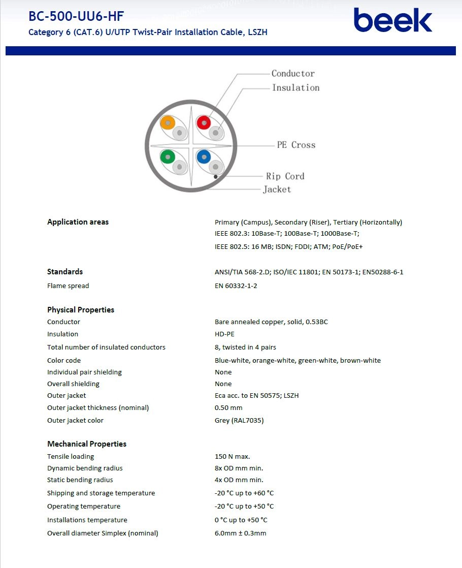 Beek Cat6 U-UTP İç Mekan Data Kablosu 4x2x23 AWG LSZH (Low Smoke Zero Halogen)