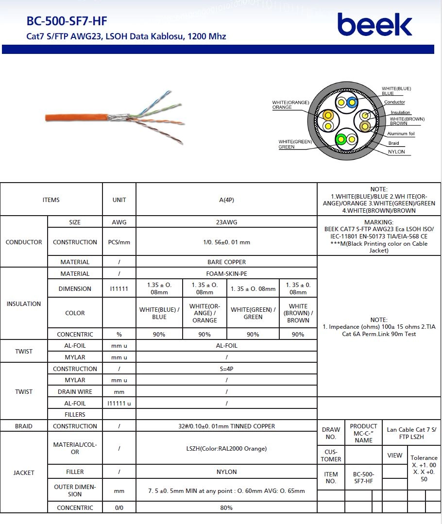 Beek Cat7 Saf Bakır S/FTP İç Mekan Data KablosuAWG23 LSOH  1200 Mhz Turuncu  