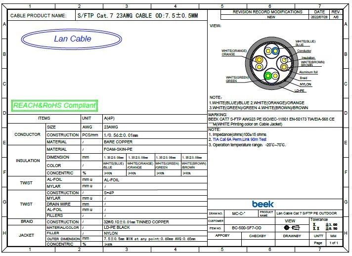 Beek Cat7  Saf Bakır S/FTP AWG23 SPE Dış Mekan Data Kablosu, siyah renk