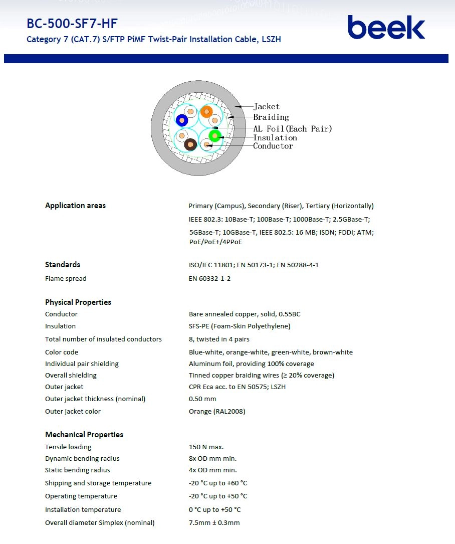 Beek Cat7 Saf Bakır S/FTP İç Mekan Data KablosuAWG23 LSOH  1200 Mhz Turuncu  